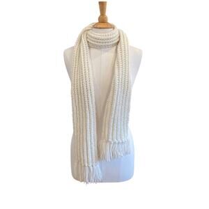 Hand Knit White Skinny Scarf with Fringe